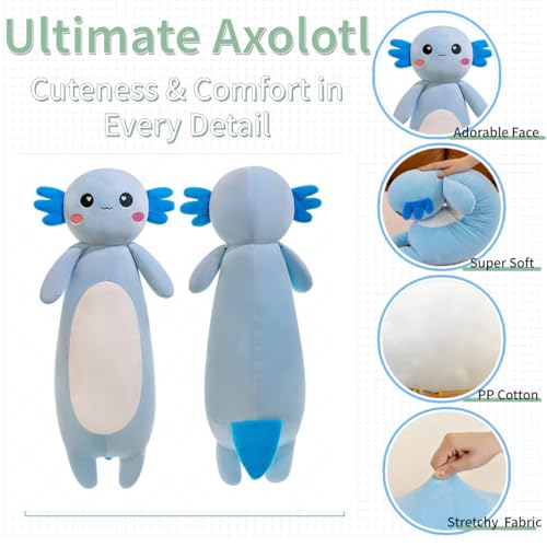 Kekeso Langes Axolotl Salamander-Plüschkissen, weiches Axolotl-Plüschtier für Jungen und Mädchen, Geschenke zu Weihnachten(Blau, 65cm)
