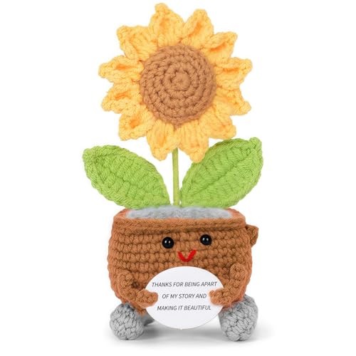 RovyFota Handmade Crochet Sunflower Gift - Positive Sunflower Plush with Thanks Message - Cute Thank You Gift, Inspirational Present for Mom,Dad,Sister,Coworker, Nurse,Therapist (Thanks)