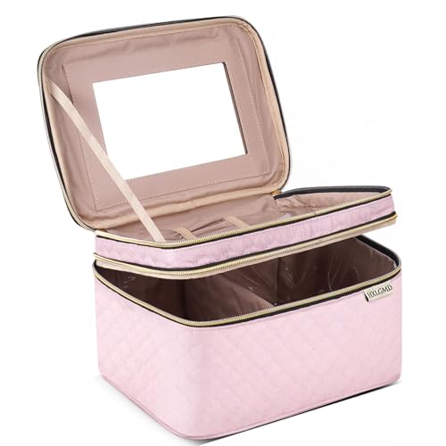 HXLGMD Large Makeup Bag with Mirror Double Layer Travel Make Up Organizer Case, Large Capacity Coemetic with Brush Slot Divider, Travel Toiletry Bag for Women (Pink)