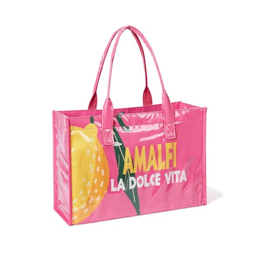 COSHAYSOO PVC Tote Bag for Women Large Kraft Paper Beach Bag Plastic Vinyl Shoulder Bag Summer Travel Vacation Purse Waterproof Sandproof Coastal Travel Italian Cafe Amalfi 20.6L