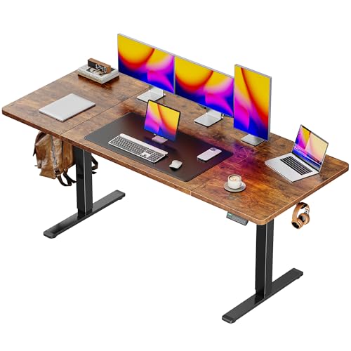 Image of Huuger 63 x 28 Large Electric Standing Desk, Height Adjustable Computer Desk, 27.6 inch Deep Desktop, Stand up Gaming Office Table with 2 Hooks, 3 Preset Heights, for Home Office, Rustic Brown