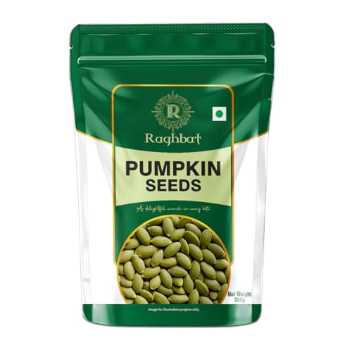 Image of Raghbat Pumpkin Seeds, 500g, Rich in Protein, Dietary Fibre, Magnesium & Phosphorus, Raw & Unroasted Pumpkin Seeds, Source of Iron & Zinc, Handpicked Seeds, Resealable Pack