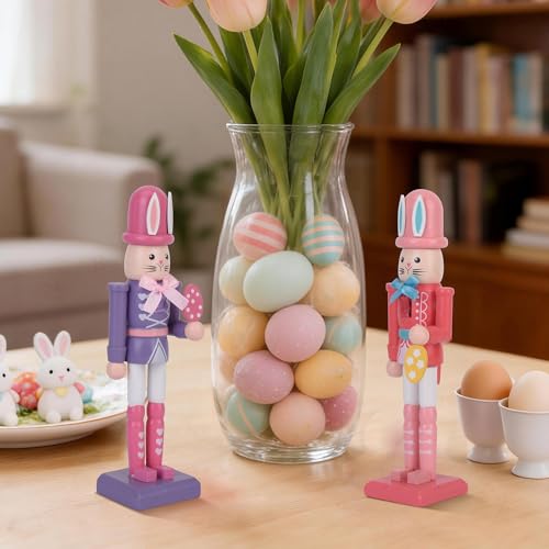 Codesteel 7 Inch Easter Bunny Nutcracker Decoration, Wooden Rabbit Soldier Figure for Spring Holiday Tabletop Display (Purple)