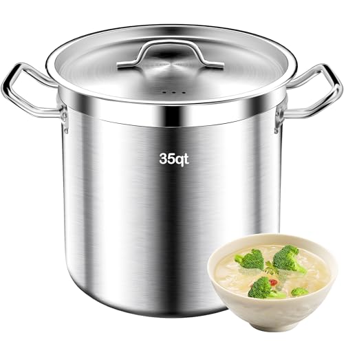 Large Cooking Pot, 35 Quart Heavy Duty Induction Soup Pot With Stainless Steel Lid Commercial Grade Stock Pot for Soup, Stew, Canning, Even Heat Distribution