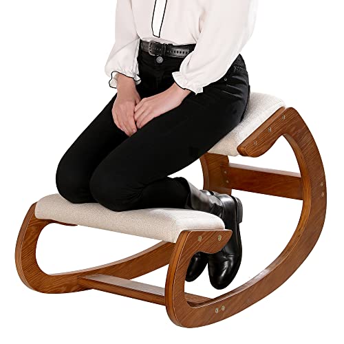 Ergonomisk knästol för sittkorrigering – knäpall sittpall för hemmet meditation – trä och linnekudde – lindra ryggsmärtor nacksmärta och...