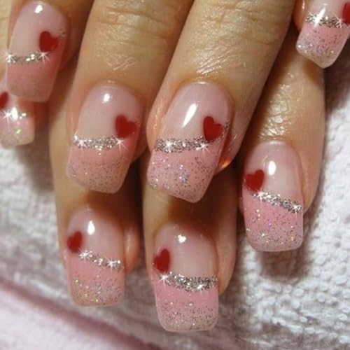 24Pcs Valentine's Day Glitter Press on Nails Short Square French