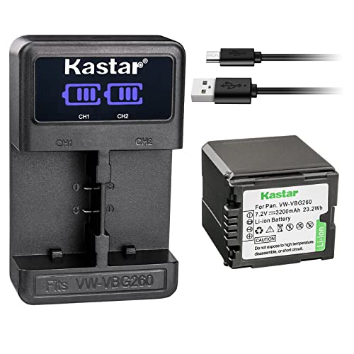 Kastar 1 Pack Battery and LCD Dual USB Charger Compatible with Panasonic HDC-HS200, HDC-HS250, HDC-HS250K, HDC-HS300, HDC-HS300K, HDC-HS300P, HDC-HS300PC, HDC-HS350, HDC-HS700, HDC-HS700K, HDC-MDH1 -  LED2-1B-VBG260-H