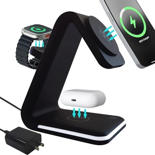 Magnetic Wireless Charger, 3 in 1 Charging Station with Nightlight, for Apple Magsafe iPhone 16/15/14/13/12, iWatch Series, AirPods Charger Stand(15W Adapter)