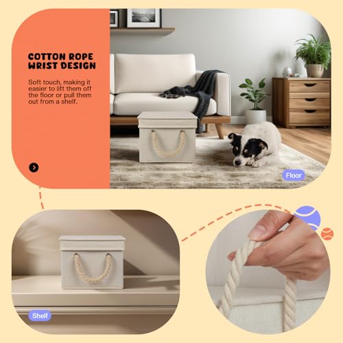 Dog Toy Basket with Lid, Dog Basket for Toys, Dog Toy Box with Cotton Rope Handles, Collapsible Storage Bins for Dog Toys, Dog Storage Organizer, Beige - Image 5