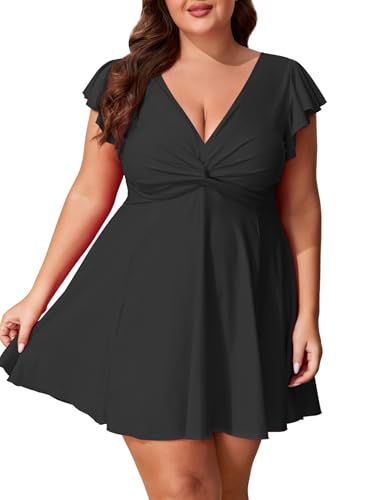 Smismivo Women Plus Size Swim Dres Tummy Control One Piece Swimsuits Push Up Bathing Suit V Neck Ruffle Slimming Swimwear