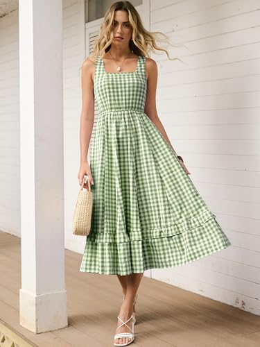 Caracilia Womens Summer Casual Gingham Plaid Midi Dress Sleeveless Square Neck Flowy Beach Vacation Sundress with Pockets Green White Plaid Small — view 3