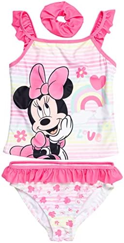 Disney Minnie Mouse Toddler Girls Tankini Top Bikini Bottom and Scrunchie 3 Piece Swimsuit Set 3T Pink