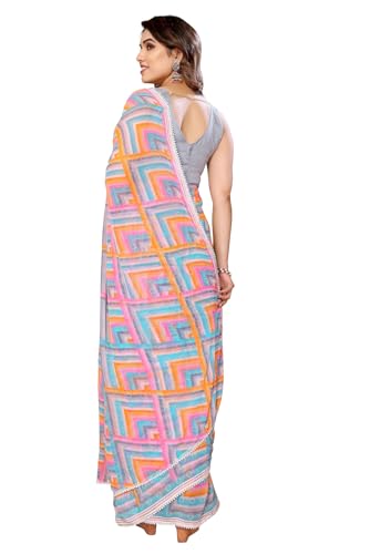 Image of ROOP SUNDARI SAREES Readymade Pleated Pre Drape Stitched Floral Printed Georgette Saree For Women's With Lace Border & Blouse(Ready To Wear One Minute)
