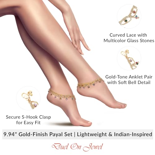 Image of Duel On Jewel Gold Payal Set for Women, Indian Paayal Jhanjar Chain Anklets with Bell Detail, Foot Jewelry Pair, 10 Inch Comfort Fit, Traditional & Dainty Styles for Wedding Beach Everyday Gift