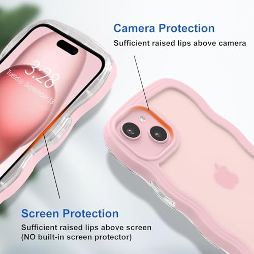 Image of GoldKart iPhone 15 Case Wavy Edge Clear Back Design, Anti-Slip Grip Cute Wave Curly Frame Shape Shockproof Soft TPU & Hard PC Bumper Protective Phone Case Cover for Women Girls - Pink