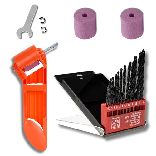 Afilador de Brocas para Metal Soporte Herramienta Portátil Accesorios Taladro Vástago Recto Amoladora Esmeril Fácil Metal Cobalto HSS Alta Dureza (Naranja + 13 Brocas + 2 Muelas Extra)