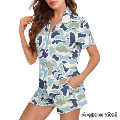 Image of Renewold Women's Short Sleeve Pajama Set Button Down Sleepwear with Notch Collar Soft Lounge Top and Shorts with Pockets