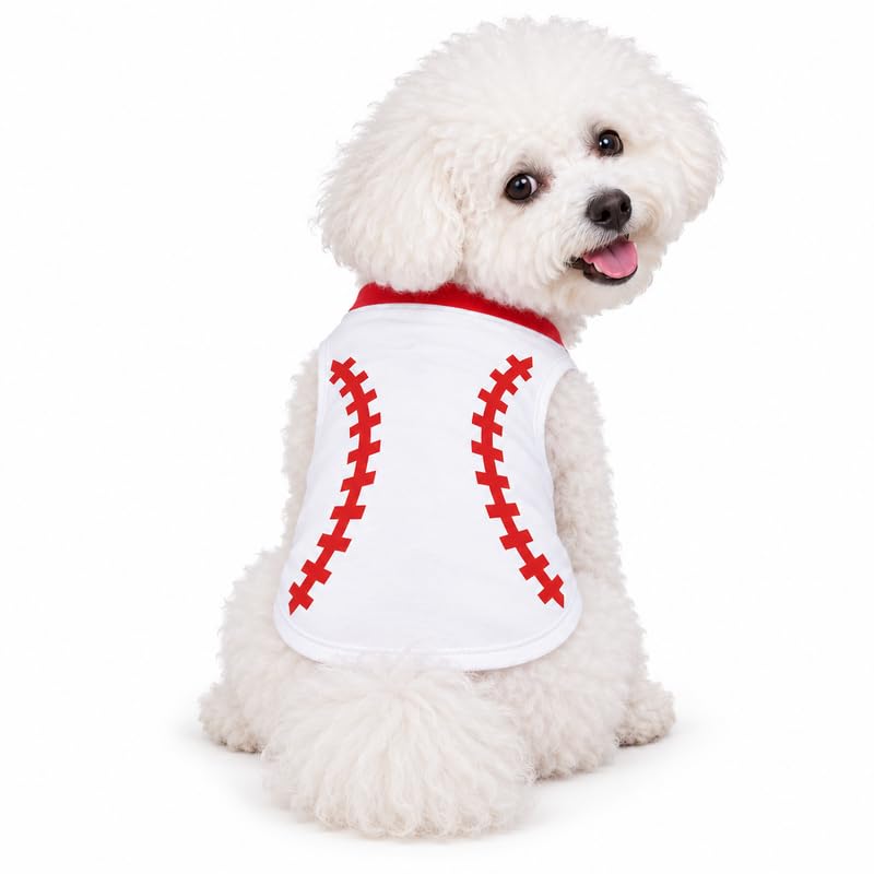 Petitebella Puppy Kleidung Hund Kleid Baseball Muster Weiß Rot Baumwolle T-Shirt, Medium, Weiß