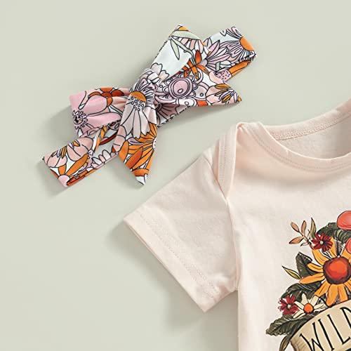 Engofs Newborn Baby Girl Clothes Short Sleeve Letter Print Romper Floral Bell Bottoms Outfit Headband 3Pcs Infant Boho Summer Outfits Apricot 12-18 Months #TOP1
