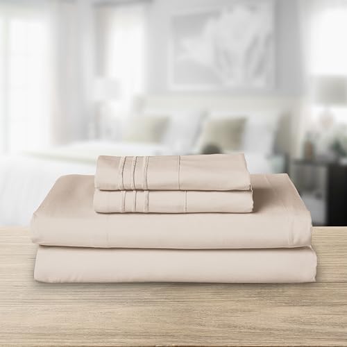 Image of Elegant Comfort Luxurious 1500 Premium Hotel Quality Microfiber Three Line Embroidered Softest 4-Piece Bed Sheet Set, Wrinkle and Fade Resistant, King, Cream