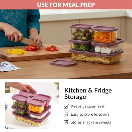 Image of Nestasia Groovo Glass Containers with Lid Set of 7 (310ml x 4, 520ml x 2, 1200ml x 1) - Transparent Stackable Fridge Storage Box, Microwave & Dishwasher Safe (Purple)