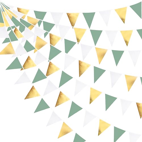 32Ft Vert Sauge Or et Blanc Fanions Guirlande Bannière Décoration de Fête Dorée Verte Blanc Tissu Triangle Drapeau Banderole pour Anniversaire Rustique Mariage...