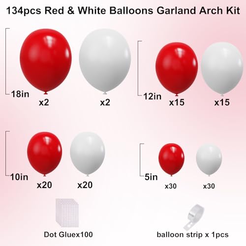 Image of YMSZ Red and White Balloons Garland Arch Kit, 134pcs Red Balloon and White Balloons for Mother's Day, Valentine's Day, Birthday, Wedding, Christmas Party Decorations