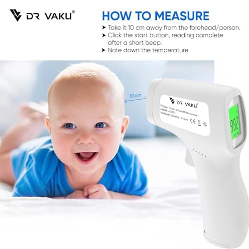 Image of DR VAKU Plastic Digital Thermometer For Fever Non-Contact Laser Infrared Forehead Thermometer Temperature Gun Accurate Reading with Large Display [Battery Included] - White