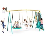Jocoevol Swing Set for Backyard, Heavy-Duty Metal Swing Sets for Kids with 2 Swings, Climbing Ladder and Nets,Trapeze Bar, Soccer Goals and Basketball Hoop Up to 660lbs