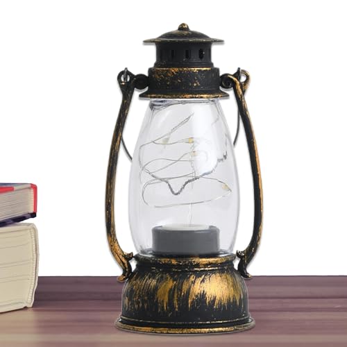 LED Vintage Camping Lantern - Warm Battery Operated Camping Hurrican-e Lantern, Antique Metal Hanging Storm Lantern, Hanging Solar Lights for Outdoor Indoor