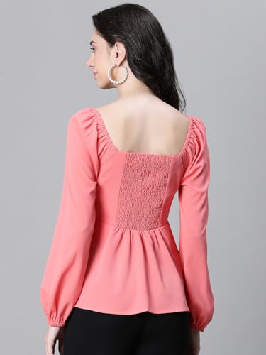 Image of Women Solid Round Neck Elasticated Polka Print Long Sleeve Top