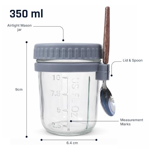 Image of Glass Mason Jars for Overnight Oats, 340 ml, Set of 2 | Leakproof, Airtight & Wide-Mouth Containers with Lids and Spoons | Thick Food-Safe Glass for Yogurt, Cereal and Snacks | Thick food-safe glass with airtight silicone seals and wide mouths for fresh, mess-free meals at home or on the go.