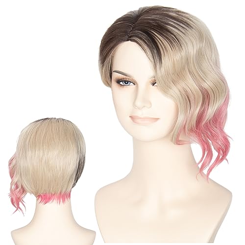 Miss U Hair Short Blonde Pink Ombre With Dark Roots Wig Women Cosplay Halloween Wig