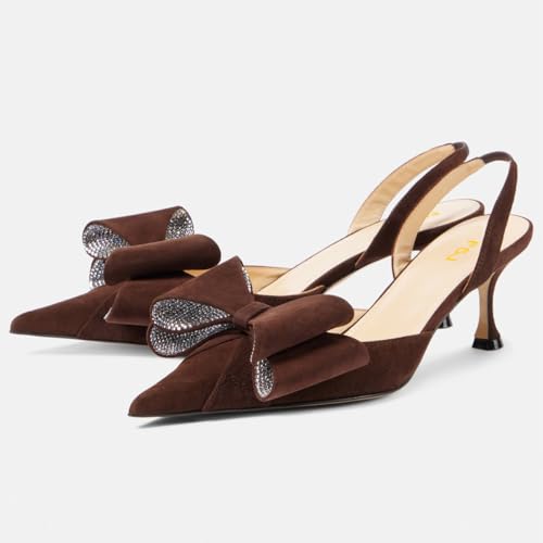 FSJ Women Bow Pointed Toe Slingback Pumps Rhinestones Studded Kitten Mid Heel Slip On Sandals Wedding Party Shoes Size 4-16 US2