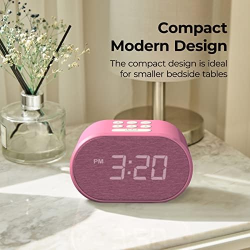 i-box Alarm Clock Bedside Non Ticking LED Backlit Alarm Clock with USB Charger & FM Radio, 5 Step Dimmable Display - Mains Powered with Battery Backup (Pink)