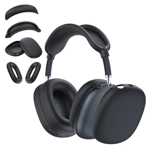 4 in 1 Silicone Case Cover for AirPods Max Headphones, Anti-Scratch Ear Pad/Ear Cups/Headband/Max Headband Pad for AirPod Max, Accessories Silicone Protector for Apple AirPods Max (Black-4pcs)