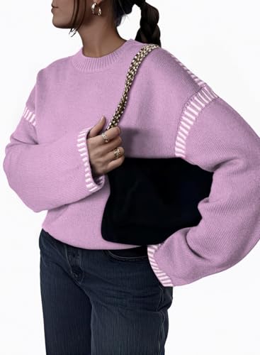Image of Dokotoo Sweaters for Women Fashion Solid Crewneck Loose Fit Long Sleeve Contrast Cable Knit Pullover Sweater Jumper Tops