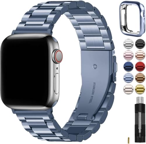 Image of Fullmosa Metal Band with Case for Apple Watch 42mm Series 11 10 | Stainless Steel Strap for Men Women Professional Office Blue Grey