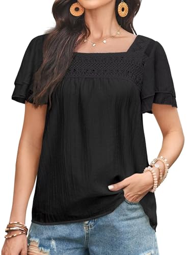 Womens Tops Summer Boho Blouses Short Sleeve Square Neck Crochet Lace Trim Casual Chiffon Shirts Double Layers