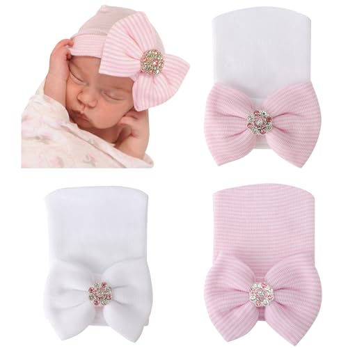 Image of DRESHOW BQUBO Newborn Hospital Hat Infant Baby Hat Cap with Big Bow Soft Cute Knot Nursery Beanie