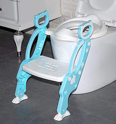 ZenmoraPotty Training Toilet Seat with Step Stool Ladder for Boy and Girl Baby Toddler Kid Children’s Toilet Training Seat Chair with Soft Padded Seat and Sturdy Non-Slip Wide Step (Blue)