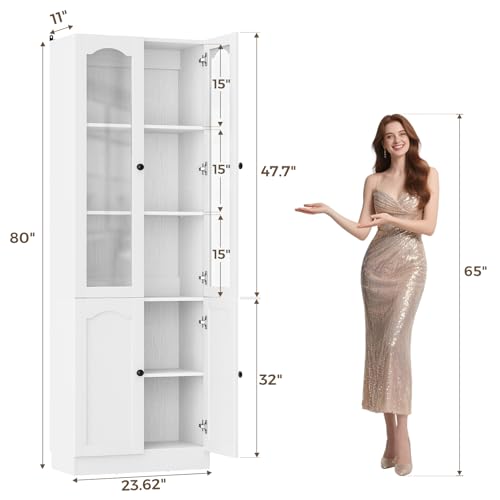 Image of Cyclysio 80 inch Tall Pantry Cabinet with 8 Doors, Natural Oak Kitchen Pantry Storage Cabinet with Built-in Baseboard Notch & Adjustable Shelves - Kitchen Storage Cabinet for Dining, Living Room, Office