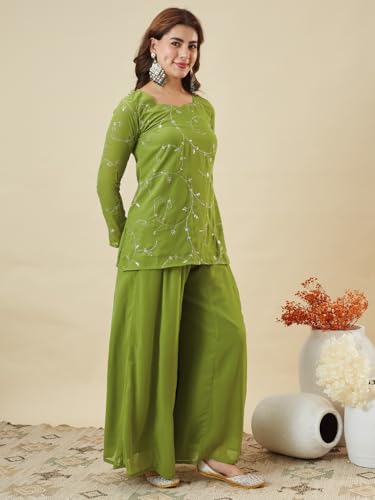 Image of MOKOSH Women's Georgette Short Kurti Palazzo with Dupatta | Short Kurti Set |Ethnic Kurta Set for Women | Sweetheart Neck Full Sleeve | Indian Kurta Outfit With Palazzo Pants