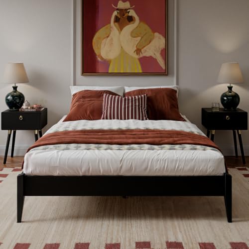 Bme Dinkee Queen Platform Bed Frame Wood 15 Inch - Solid Wood Bed Frame - Modern & Minimalist Style - 12 Strong Wood Slat Support - Easy Assembly - No Box Spring Needed - Black