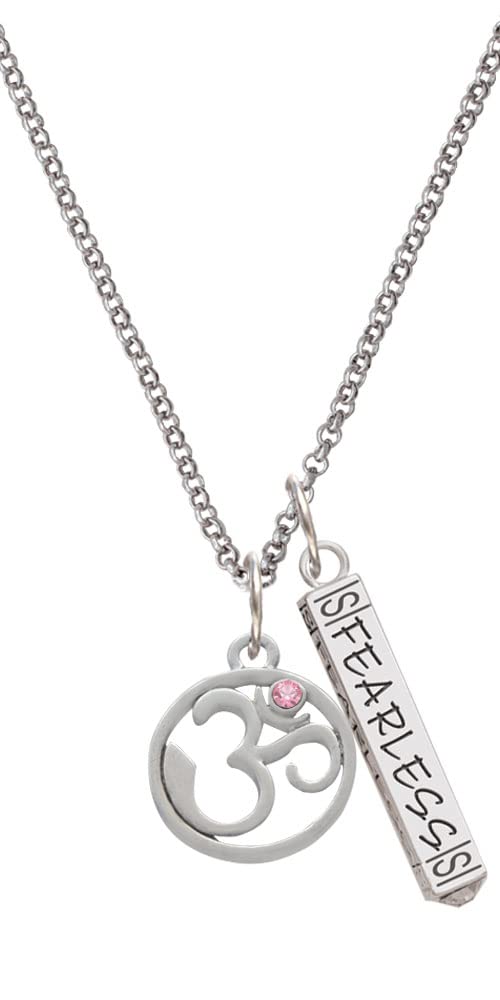 Delight Jewelry Silvertone Om in Circle with Crystal Silvertone Fearless Bar Charm Necklace, 23"