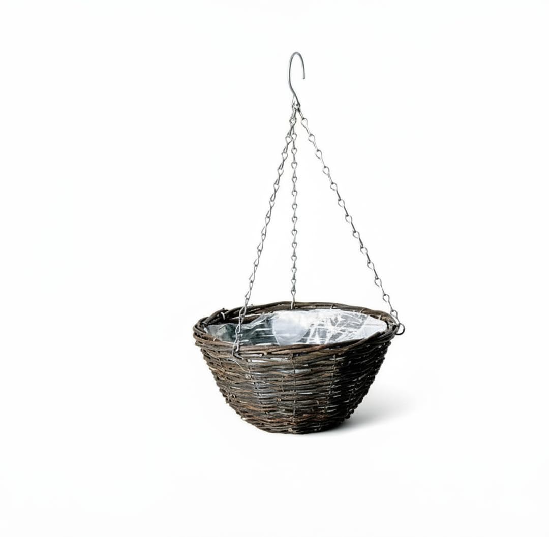 LBS Horticulture Willow & Black Rattan Hanging Basket – Round Planter with Chain, Liner Included – Rustic Outdoor Garden Flower Basket 35cm
