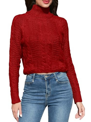 Image of DAIMIDY Women's Crop Sweaters, Sexy Cropped Chunky Knit Long Sleeve Pullover Turtleneck Jumper Tops with Twisted Pattern
