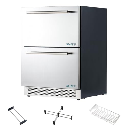Image of Albott 24 Inch Under Counter Drawer Fridge - Stainless Steel Beverage Refrigerator with Dual Drawers, LED Touch Control, Adjustable Storage, Frost-Free, Low Noise, 34-72℉, for Indoor or Outdoor Use
