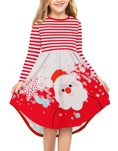 Arshiner Girls Christmas Dresses Long Sleeve Casual A-Line Midi High Low Swing Dress Red Santa Claus 10-11 Years