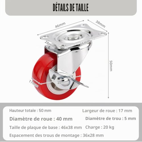 Youery Roulettes Pivotantes pour Meubles, 40 mm, 4 Pcs – vue 2